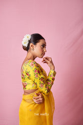 Tara Yellow Printed Hand-Embroidered silk blouse